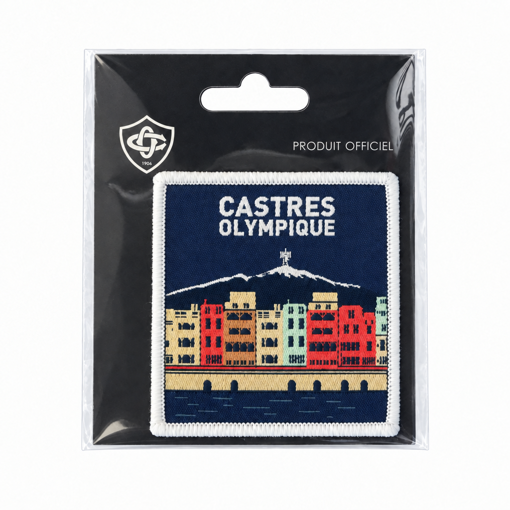 Packshot de l'écusson Castres Olympique sous blister sur fond blanc, blason corrigé en 1906