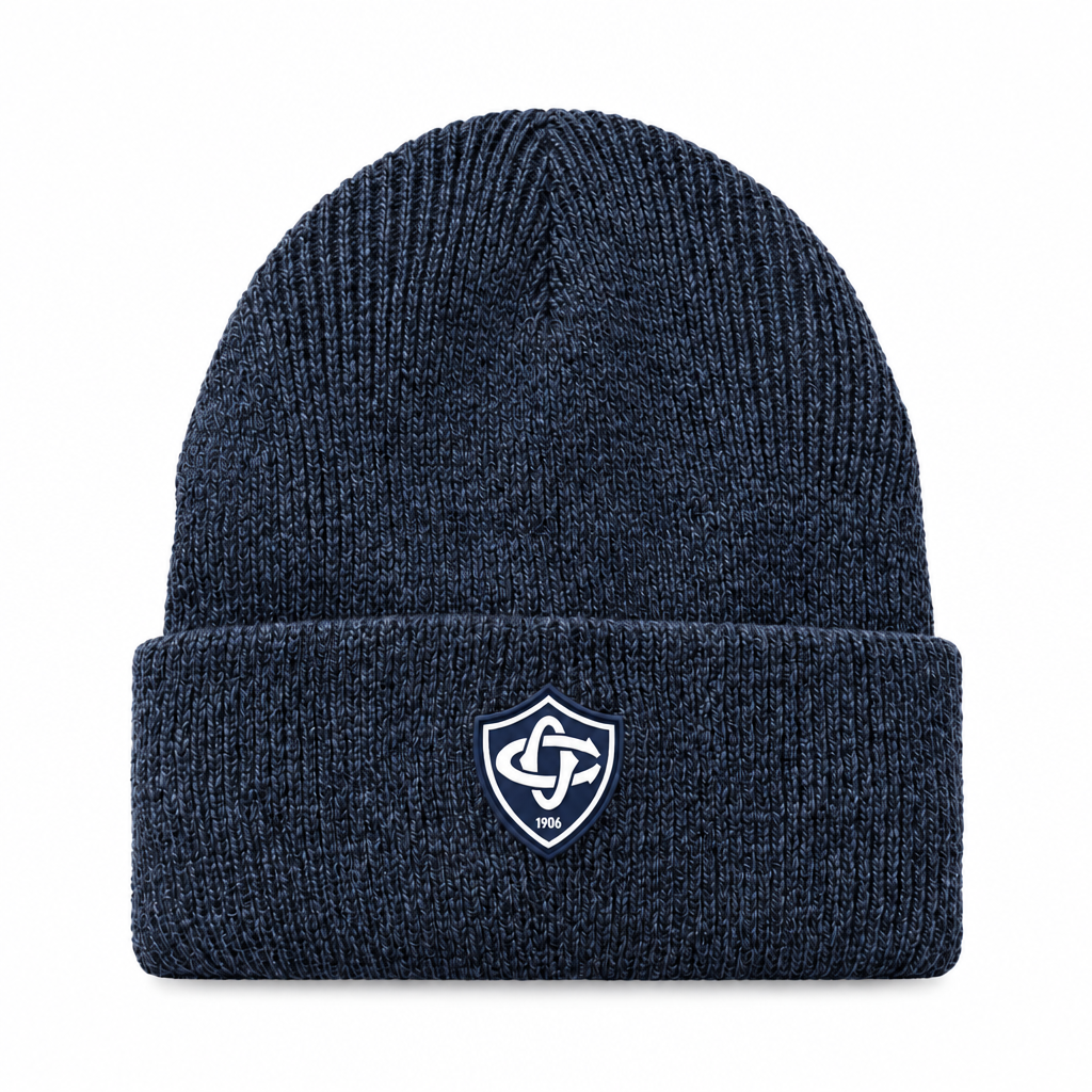 Packshot du bonnet bleu marine chiné avec logo blanc