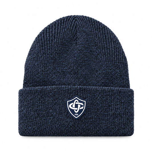Packshot du bonnet bleu marine chiné avec logo blanc