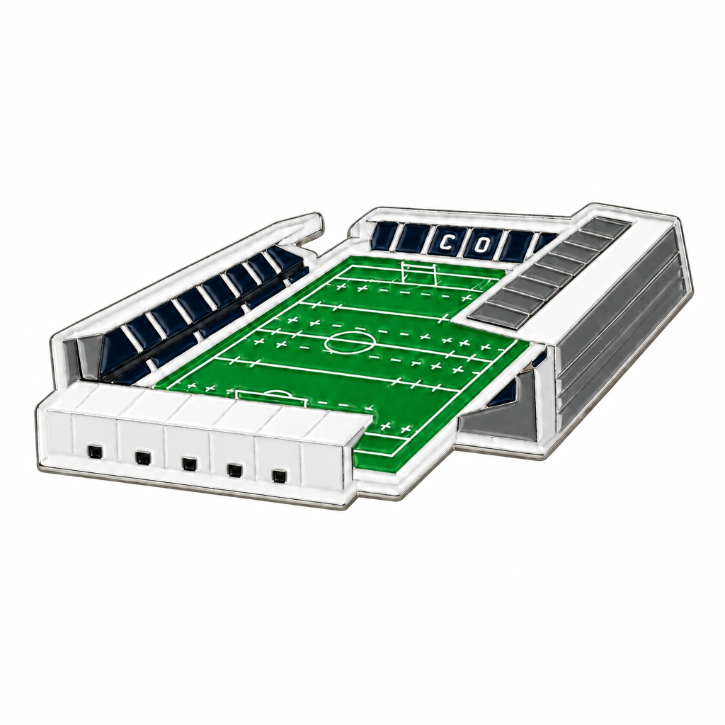 Packshot du pin's stade avec parois blanches et gris marqués, sur fond blanc